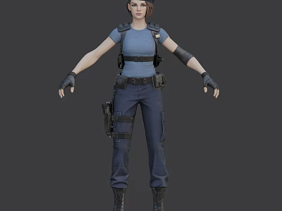 Detailed 3D Female Tactical Character in Blue Uniform With Belt Holster and Wrist Guards 3d model