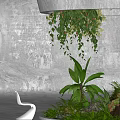 Modern Indoor Landscape With Concrete Wall Hanging Greenery Large Plants And White Chair