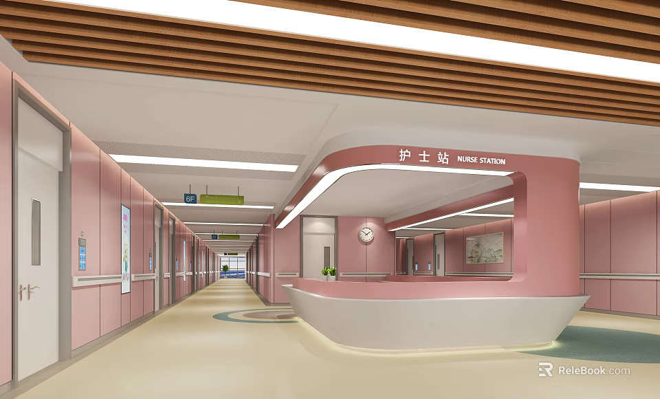 Modern Hospital Outpatient Clinic Design Featuring Pink Nurse Station Reception Desk Clock And Corridor 3d model 