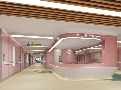 Modern Hospital Outpatient Clinic Design Featuring Pink Nurse Station Reception Desk Clock And Corridor 3d model