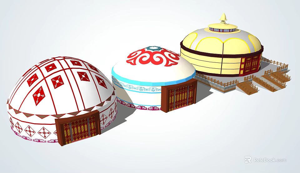 Traditional Yurts Featuring Colorful Decorative Patterns And Wooden Door Designs 3d model 