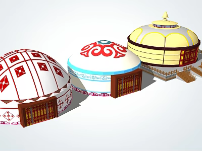 Traditional Yurts Featuring Colorful Decorative Patterns And Wooden Door Designs 3d model