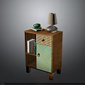 Wooden Side Cabinet With Green Geometric Pattern Door Woven Detail And Table Lamp