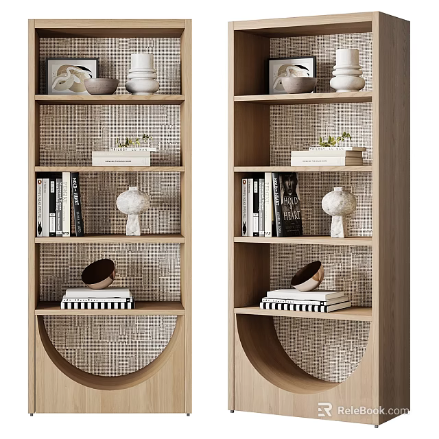Modern Wooden Bookcase With Layered Shelves Decorative Vases Books Artwork And Wicker Back 3d model 