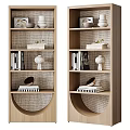 Modern Wooden Bookcase With Layered Shelves Decorative Vases Books Artwork And Wicker Back