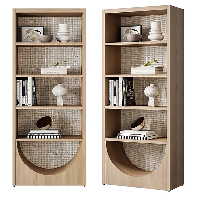 Modern Wooden Bookcase With Layered Shelves Decorative Vases Books Artwork And Wicker Back 3d model