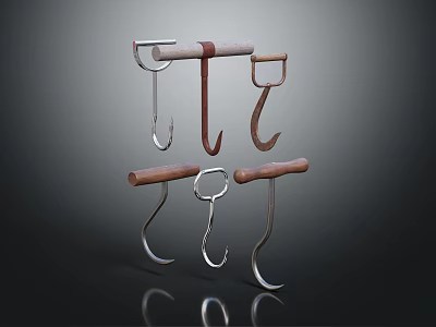 Various Metal Hardware Tools With Wooden Handles And Different Hook Shapes On Dark Background 3d model