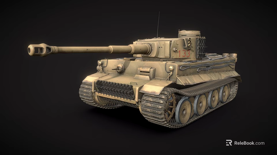 Classic Military Tank With Long Cannon Sand Color Paint And Tracks 3d model 