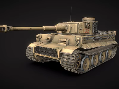 Classic Military Tank With Long Cannon Sand Color Paint And Tracks 3d model