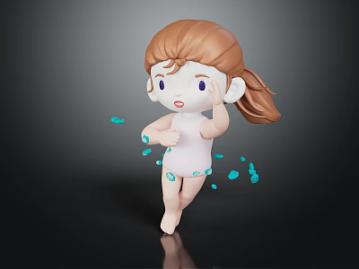 3D Cartoon Girl Character With Brown Ponytail Running Through Blue Floating Fragments In Dynamic Pose 3d model