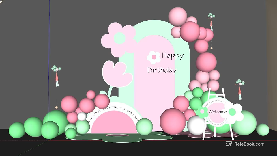 Colorful Birthday Party Decorations With Balloons Flowers And Welcome Sign 3d model 