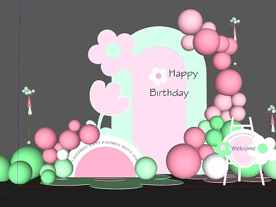 Colorful Birthday Party Decorations With Balloons Flowers And Welcome Sign 3d model