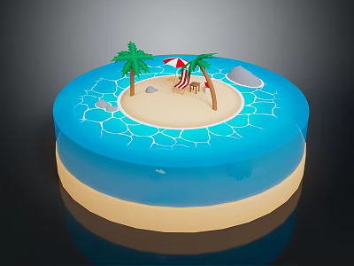 Cartoon Scene of Tropical Island with Sandy Beach Palm Trees Striped Umbrella and Blue Water 3d model
