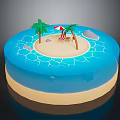Cartoon Scene of Tropical Island with Sandy Beach Palm Trees Striped Umbrella and Blue Water