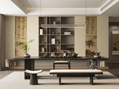 Traditional Chinese Tea Room Interior With Wooden Shelves Tea Sets And Decorative Paintings 3d model