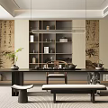 Traditional Chinese Tea Room Interior With Wooden Shelves Tea Sets And Decorative Paintings