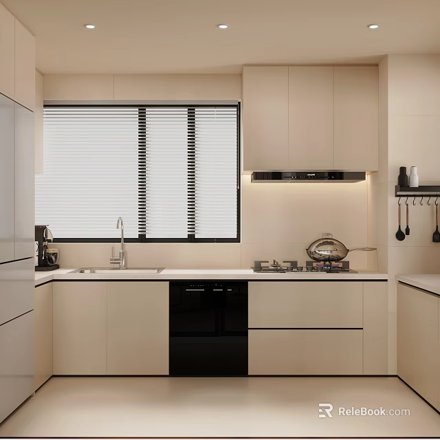 Modern Open Kitchen Interior With White Cabinets Island Counter And Appliances 3d model 