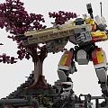 Block Built Tower Scene With Cherry Blossom Trees And Mech 3d model
