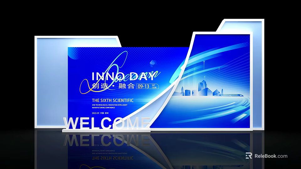 Innovative Photo Check In Spot With Blue Background Welcome Sign And City Skyline 3d model 