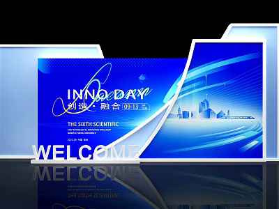 Innovative Photo Check In Spot With Blue Background Welcome Sign And City Skyline 3d model