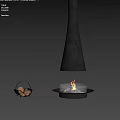 Modern Black Metal Fireplace With Burning Fire And Wood Basket In Minimalist Interior