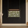 Black Background Wall Featuring Green White Striped Painting Brown Vase And Wooden Decoration