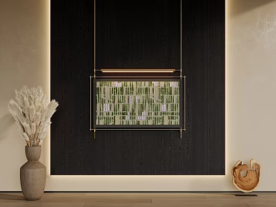 Black Background Wall Featuring Green White Striped Painting Brown Vase And Wooden Decoration 3d model