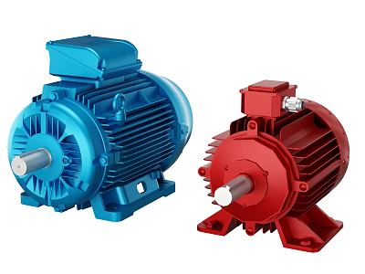 Industrial Electric Motors In Blue And Red Color For Machinery Applications 3d model