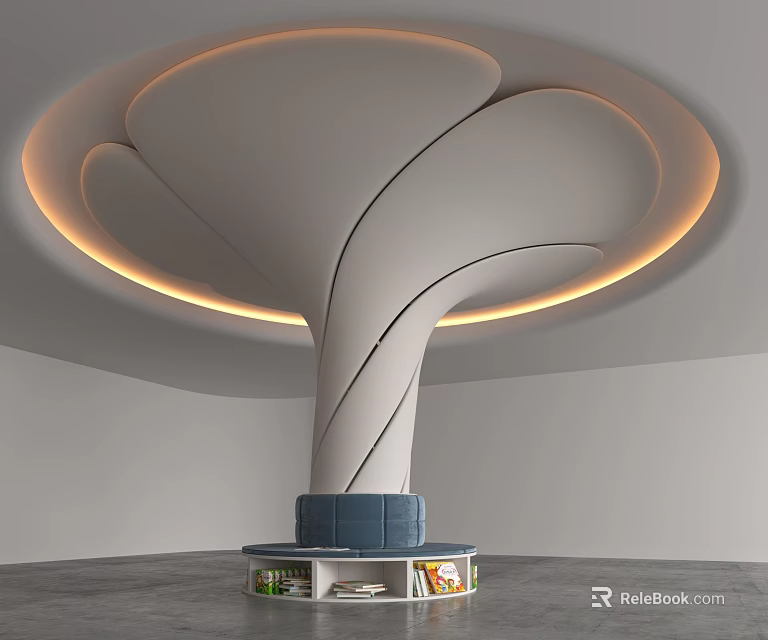 Modern Spiral Column Design With Ambient Lighting Blue Seating And Display Shelves 3d model 