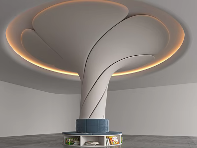 Modern Spiral Column Design With Ambient Lighting Blue Seating And Display Shelves 3d model