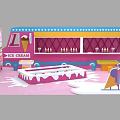 Colorful Ice Cream Truck With Stalls Cones And Melted Cream On Pink Background