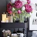 Stylish Bathroom Accessories With Organized Shelves Toiletries Decorative Flowers And Polka Dot Storage Bin