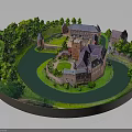 Red Brick Castle Model With Surrounding River Trees And Courtyard Design 3d model