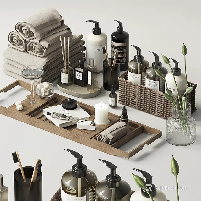 Stylish Bathroom Accessories With Rolled Towels Diffusers Soap Dispensers And Wicker Basket 3d model 