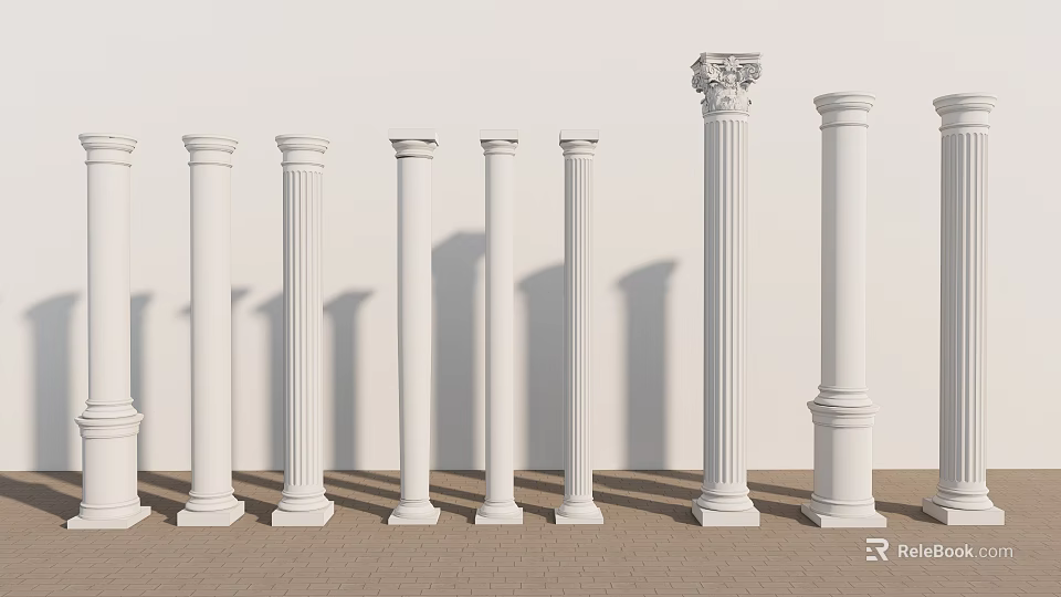 White Roman Columns with Various Styles Different Heights Ornate Capitals against White Wall Brown Floor 3d model 