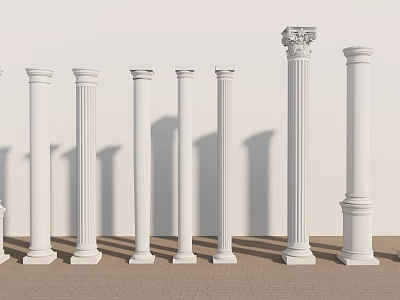 White Roman Columns with Various Styles Different Heights Ornate Capitals against White Wall Brown Floor 3d model