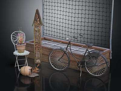 Vintage Bicycle Next To Wooden Planter With Decorative Net Background And Small House Decoration 3d model