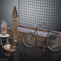 Vintage Bicycle Next To Wooden Planter With Decorative Net Background And Small House Decoration