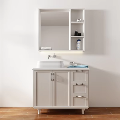 Modern White Bathroom Vanity With Mirrored Cabinet Shelves Drawers And Toiletries 3d model