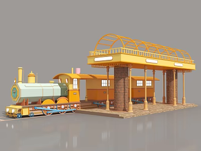 Vintage Steam Train At Station With Yellow Canopy And Brick Pillars 3d model