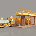 Vintage Steam Train At Station With Yellow Canopy And Brick Pillars