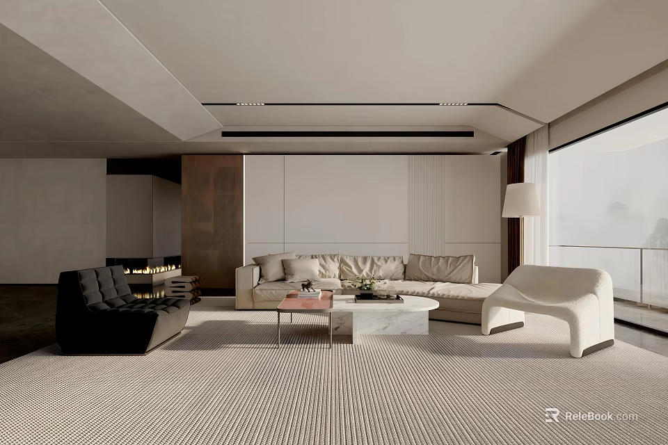 Modern Living Room Interior With Beige Sofa Black Armchair And White Lounge Chair 3d model 