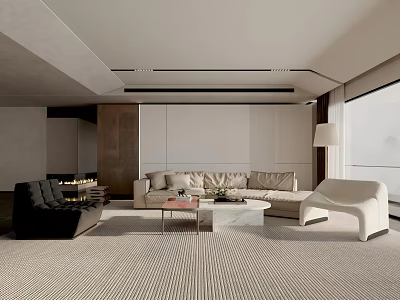 Modern Living Room Interior With Beige Sofa Black Armchair And White Lounge Chair 3d model