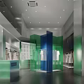 Modern Clothing Store Interior Design With Transparent Display Cases Blue Green Partitions And Hanging Clothes
