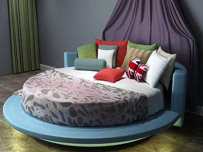 Modern Round Bed Interior Design With Colorful Pillows And Purple Canopy In Bedroom 3d model