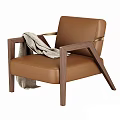 Brown Fabric Accent Chair with Walnut Wood Frame Beige Throw Blanket and Decorative Balls