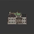 Cartoon Scene Brick And Stone Building With Green Roof Towers Arched Windows Decorative Porch