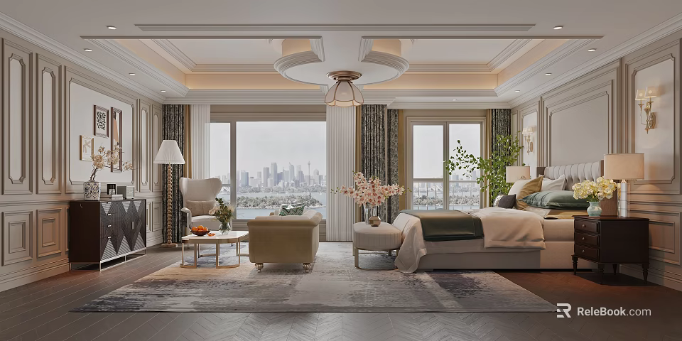 Elegant Bedroom Interior Design With King Bed City View Windows And Area Rug 3d model 