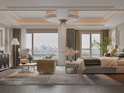 Elegant Bedroom Interior Design With King Bed City View Windows And Area Rug 3d model