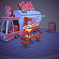 Pink And Blue Candy Food Truck With Sign Various Candies Tables Chairs And Chalkboard Menu